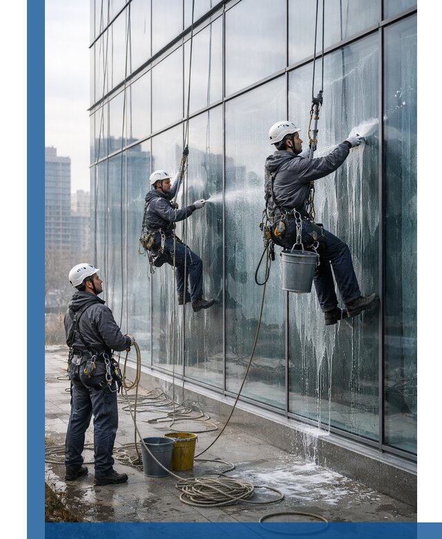 Промышленная мойка панорамных окон на высоте в Шадринске