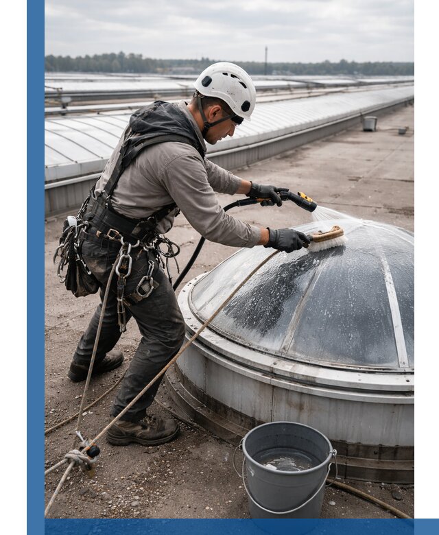 Мойка зенитных фонарей на кровле для промышленных объектов в Шадринске