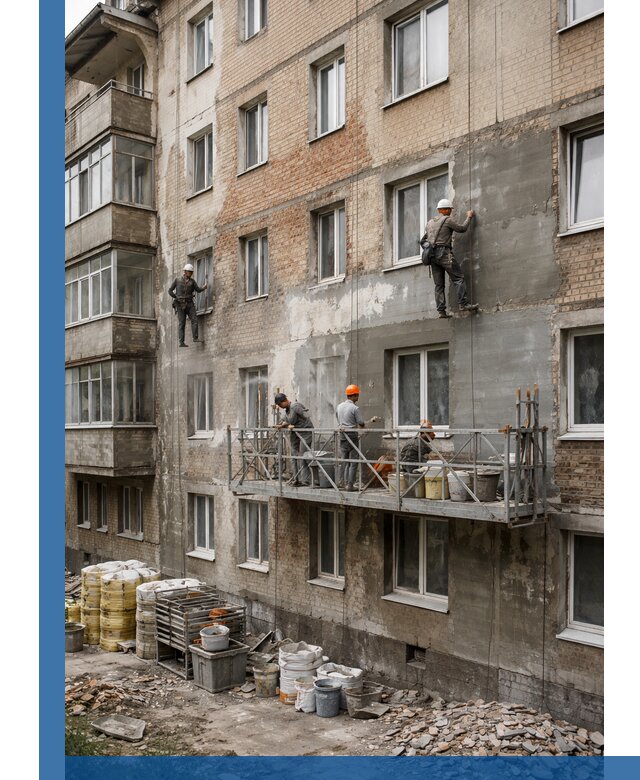 Капитальный ремонт фасада в Шадринске с восстановлением и гидроизоляцией