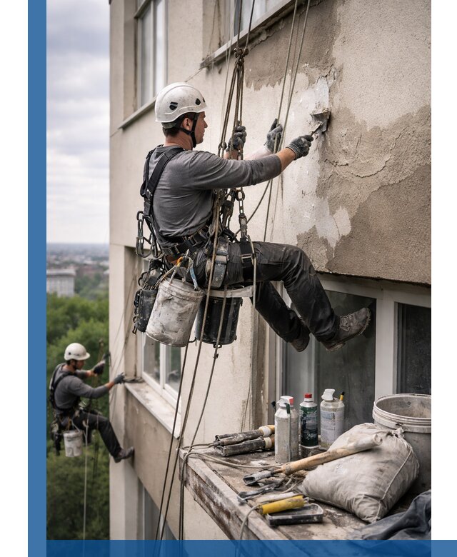 Косметический ремонт фасада зданий в Шадринске промышленными альпинистами