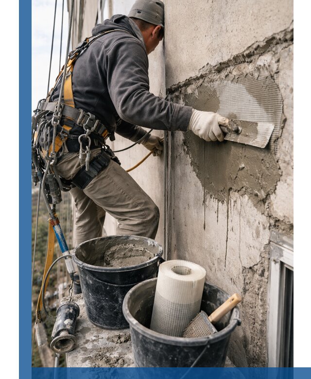 Ремонт бетонных элементов фасада промышленными альпинистами в Шадринске