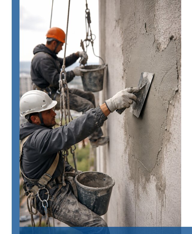 Штукатурка фасада на высоте в Шадринске профессиональные работы