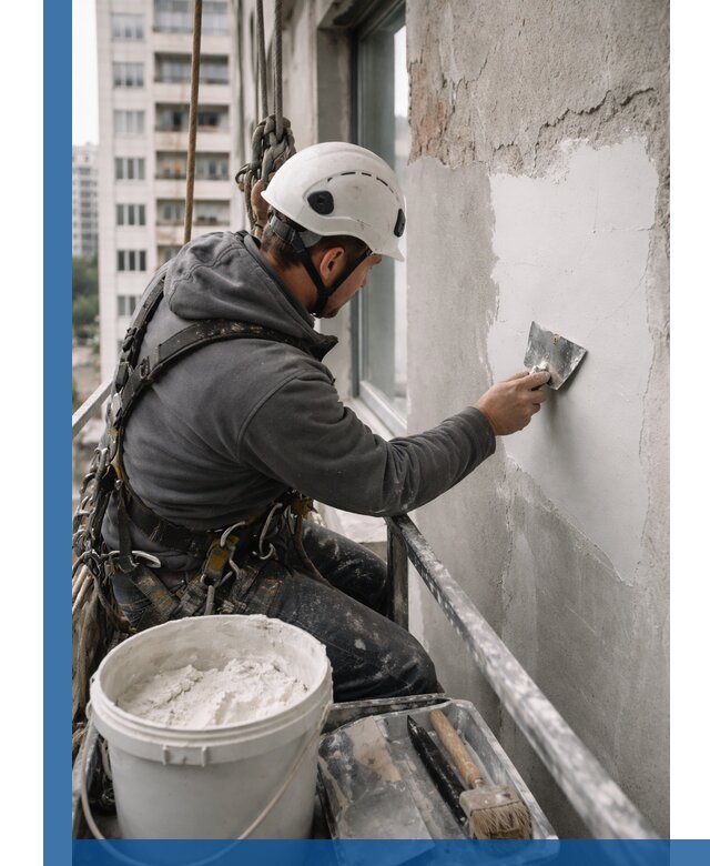 Шпаклевка фасадов на высоте с промальпинистами в Шадринске