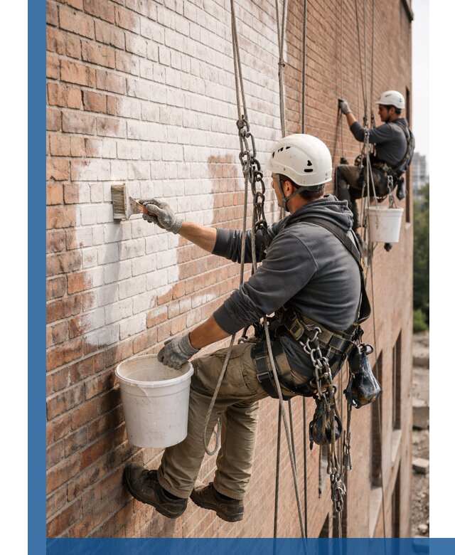 Покраска кирпичного фасада с доступным альпинистским сервисом в Шадринске