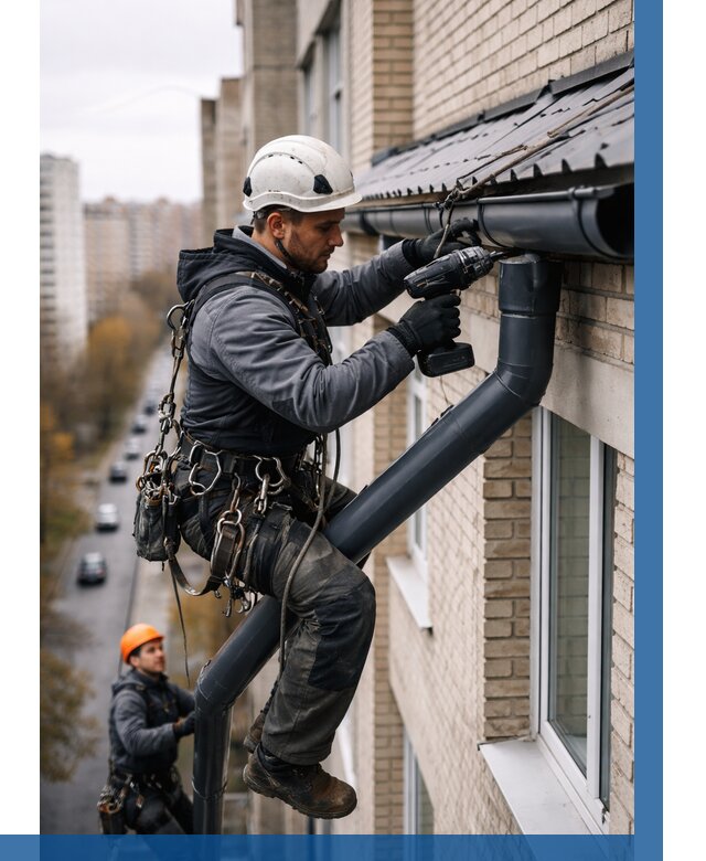 Монтаж водосточной системы на здании в Шадринске от 5171 р. | ВЫСОТНИК-Шдр