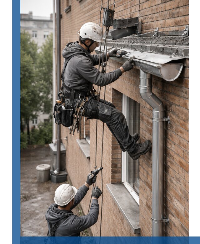 Монтаж водосточной системы на здании в Шадринске под ключ