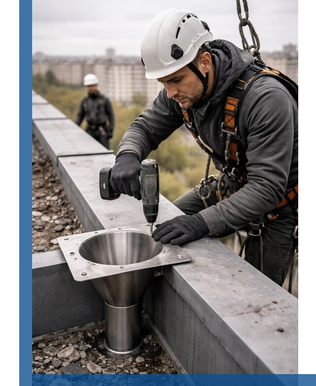 Монтаж водосточных воронок в Шадринске для промышленных зданий