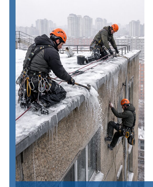 Удаление наледи с кровли в Шадринске промышленными альпинистами