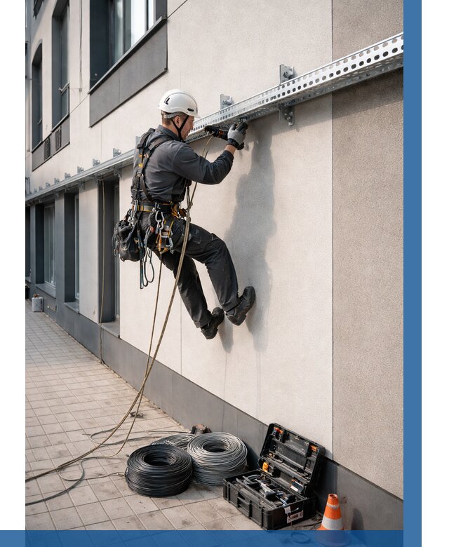 Монтаж кабельных лотков на фасаде в Шадринске от 1241 р. | ВЫСОТНИК-Шдр