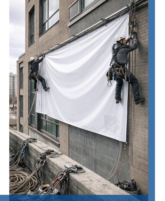 Монтаж баннеров на фасаде в Шадринске от 672 р. заказать ВЫСОТНИК-Шдр