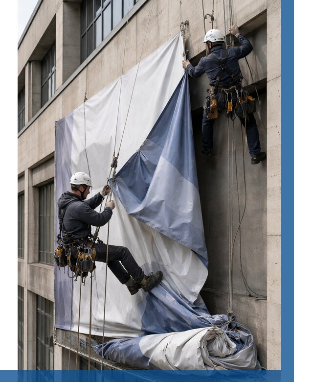 Демонтаж баннеров с фасада в Шадринске от 4653 р. | ВЫСОТНИК-Шдр