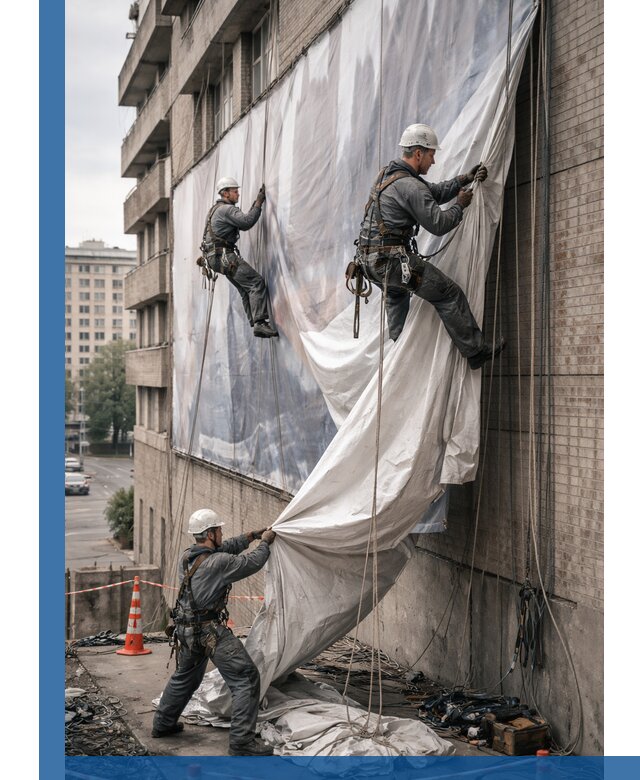 Демонтаж баннеров с фасада в Шадринске оперативно и безопасно