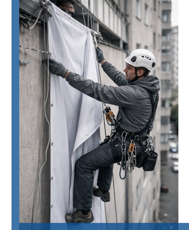 Замена баннерного полотна промышленными альпинистами в Шадринске