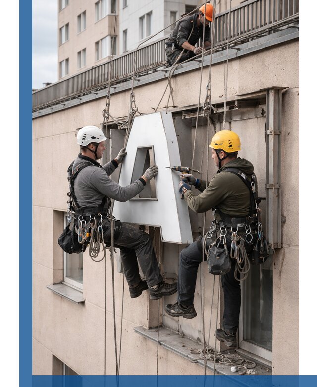 Ремонт и восстановление наружных вывесок на высоте в Шадринске