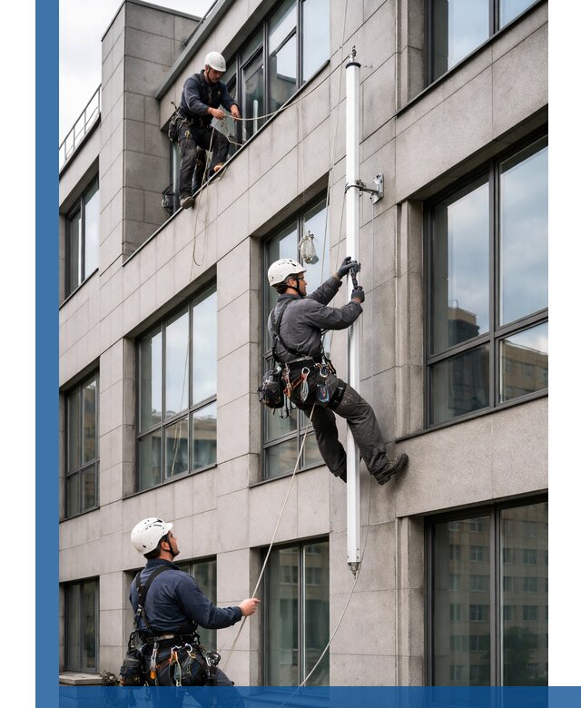 Монтаж флагштока на фасаде здания с креплением и герметикой в Шадринске