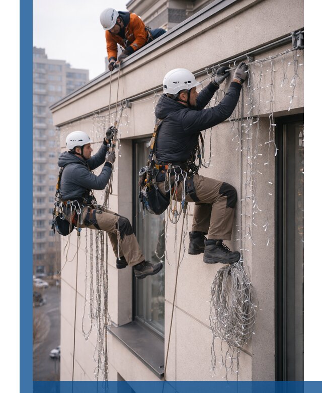 Монтаж праздничных гирлянд на фасаде в Шадринске для зданий