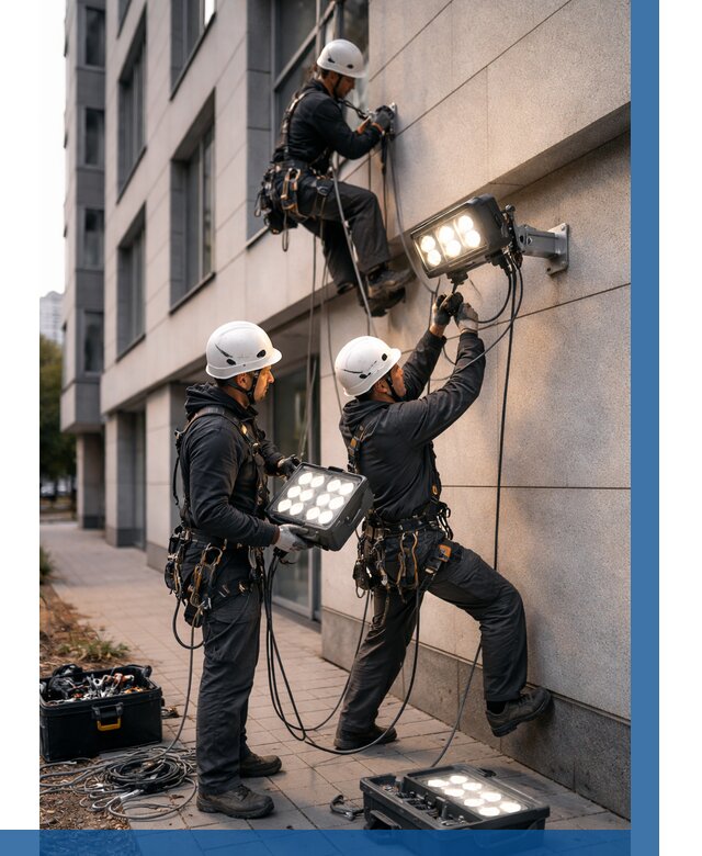 Монтаж прожекторов на фасаде в Шадринске от 7756 р. | ВЫСОТНИК-Шдр