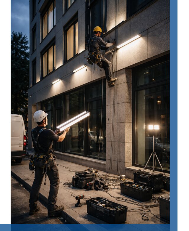 Монтаж архитектурной подсветки здания в Шадринске от 2585 р.|ВЫСОТНИК-Шдр