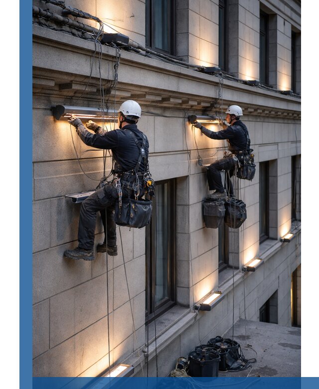 Монтаж архитектурной подсветки фасадов зданий в Шадринске