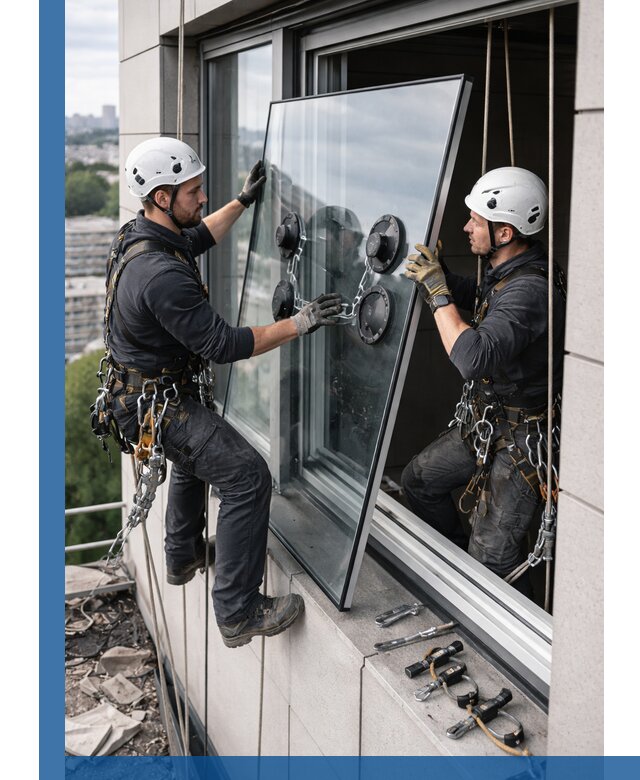 Замена стеклопакетов на высоте с промышленными альпинистами в Шадринске
