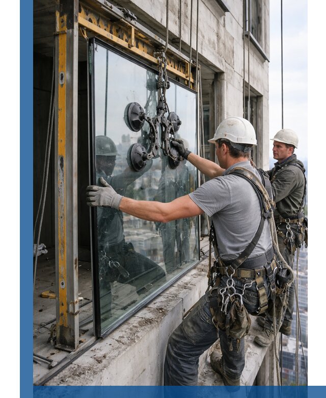 Монтаж стеклопакетов на высоте в Шадринске с промышленным альпинизмом