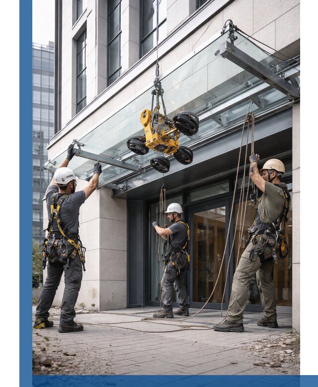 Монтаж стеклянных козырьков под ключ в Шадринске для зданий