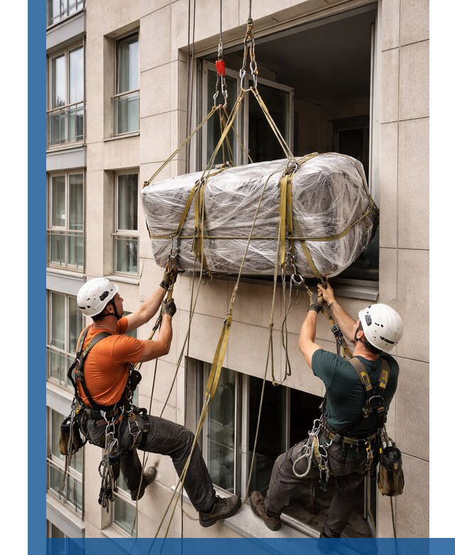 Подъем грузов через окно в Шадринске промышленными альпинистами