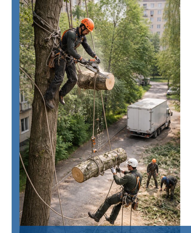 Спил деревьев альпинистами в Шадринске, безопасно и без повреждений