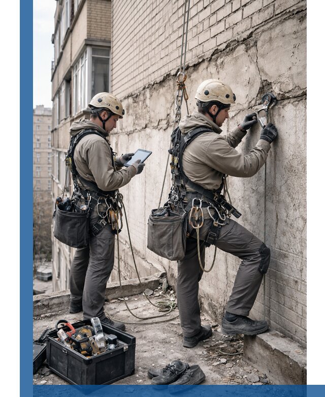 Обследование фасада промышленными альпинистами в Шадринске